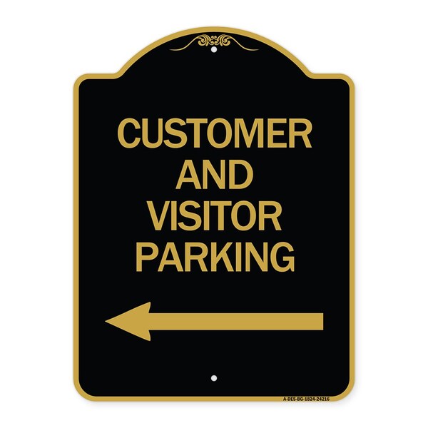 Customer and Visitor Parking W/ Left Arrow, Black & Gold Aluminum Sign, 18" x 24", BG-1824-24216